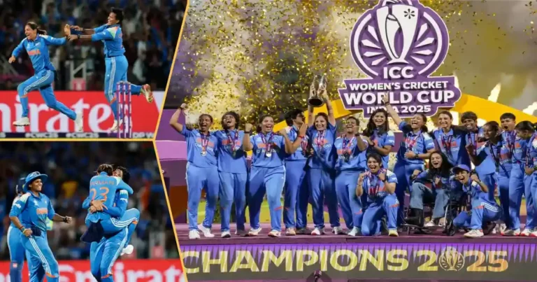 भारत की महिला क्रिकेट टीम विश्व कप ट्रॉफी के साथ — नवी मुंबई, 2025