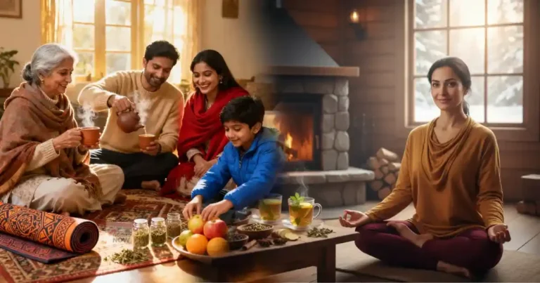 भारतीय परिवार सर्दियों में आयुर्वेदिक जीवनशैली के साथ – गरम कपड़े पहने, हर्बल चाय और मौसमी फल, जड़ी-बूटियाँ व योग करते हुए