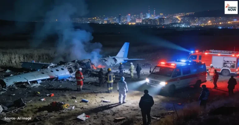 तुर्की अंकारा में विमान दुर्घटना स्थल पर आपातकालीन दल द्वारा खोज और बचाव अभियान, रात की रोशनी में आपातकालीन वाहन और अग्निशमन दल मलबे की जांच करते हुए