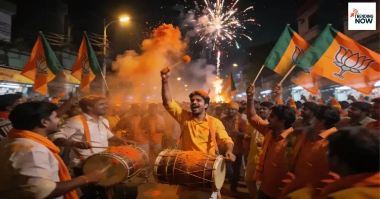 Maharashtra Local Body Election Result (Maharashtra Nikay Chunav Result) 2025 - Mahayuti supporters celebrating with drum and music.