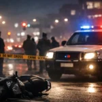 रात के समय रोहतक–दिल्ली बाईपास पर हॉस्पिटल के बाहर पुलिस की गाड़ियां, बैरिकेड और गिरी हुई स्कूटी के साथ गोलीबारी के बाद का क्राइम सीन।