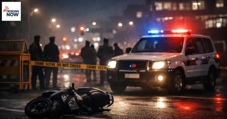 रात के समय रोहतक–दिल्ली बाईपास पर हॉस्पिटल के बाहर पुलिस की गाड़ियां, बैरिकेड और गिरी हुई स्कूटी के साथ गोलीबारी के बाद का क्राइम सीन।