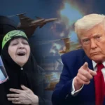 Iran US Israel war: grieving Iranian woman holding Ayatollah Khamenei banner, fighter jet overhead, Donald Trump on right amid rising tensions
