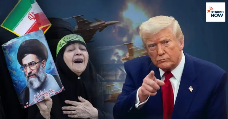 Iran US Israel war: grieving Iranian woman holding Ayatollah Khamenei banner, fighter jet overhead, Donald Trump on right amid rising tensions