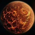 लावा और सल्फर गैसों से ढका सुपर अर्थ एक्सोप्लानेट L 98‑59 d, पास में चमकते लाल बौने तारे के साथ