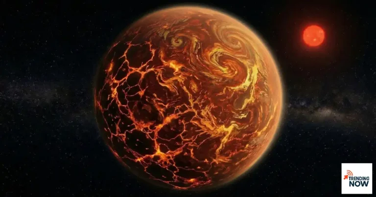 लावा और सल्फर गैसों से ढका सुपर अर्थ एक्सोप्लानेट L 98‑59 d, पास में चमकते लाल बौने तारे के साथ