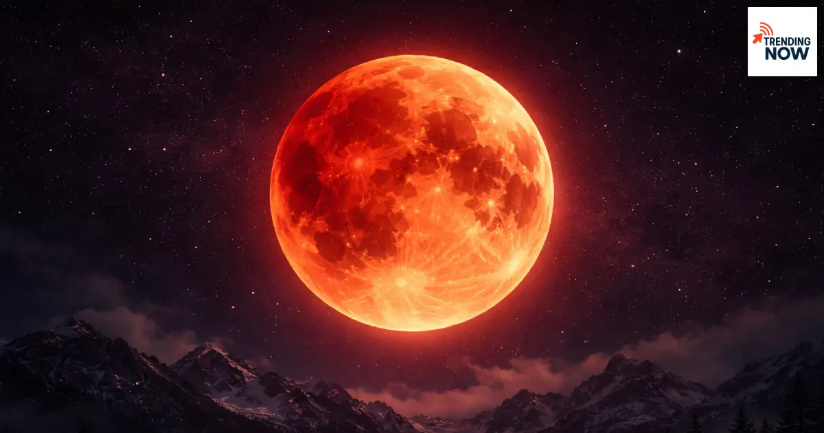 3 मार्च 2026 को पूर्ण चंद्र ग्रहण के दौरान लाल रंग का ब्लड मून आकाश में चमकता हुआ