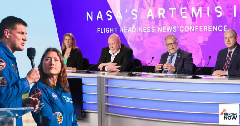 NASA Artemis II फ्लाइट रेडीनेस न्यूज़ कॉन्फ़्रेंस में अंतरिक्ष यात्री और अधिकारी, मिशन पर अपडेट देते हुए