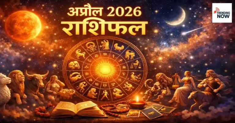अप्रैल 2026 राशिफल — 12 राशियों के ज्योतिषीय प्रतीक और ग्रह चक्र का चित्रण