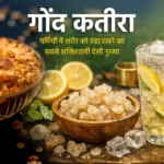 गोंद कतीरा (Tragacanth Gum) के सफेद टुकड़े एक कटोरे में पानी में भिगोए हुए, पारदर्शी जेल बनाते हुए