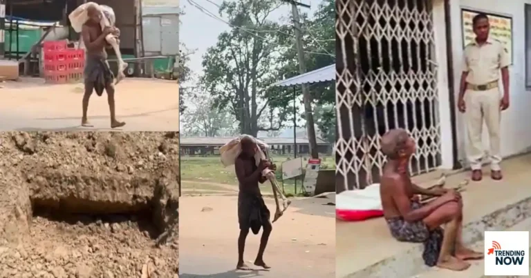 ओडिशा के क्योंझर में जीतू मुंडा बहन का कंकाल कंधे पर लेकर बैंक के बाहर खड़ा है
