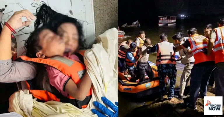 जबलपुर बार्गी डैम क्रूज हादसे में बचाव अभियान के दौरान NDRF की टीम नाव से शव निकालते हुए