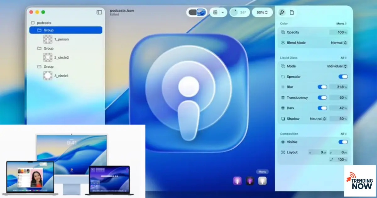 Apple macOS 27 Liquid Glass redesign interface on MacBook showing transparent UI elements and improved readability