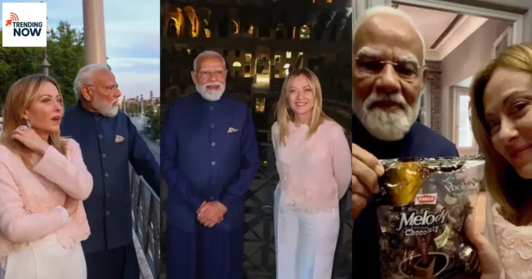 PM Modi presenting a packet of Parle Melody toffees to Italian Prime Minister Giorgia Meloni during his Rome visit in May 2026